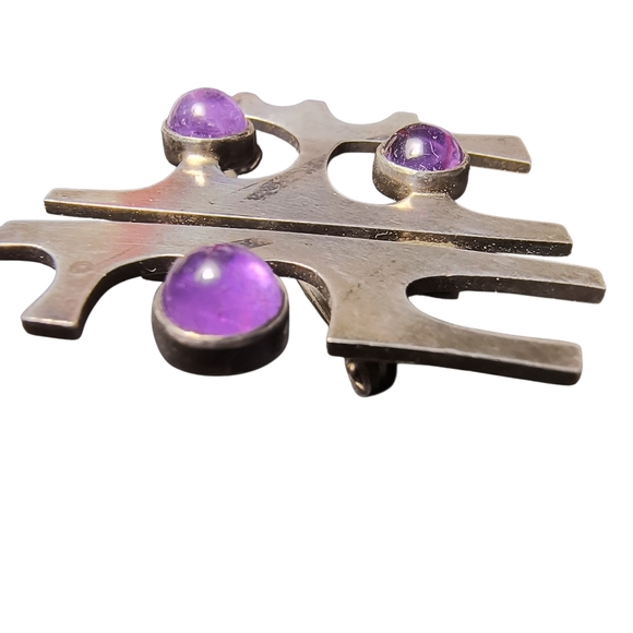 Modernist Sterling Silver Amethyst Brooch | Abstract Geometric Design | Handmade - Picture 3 of 10